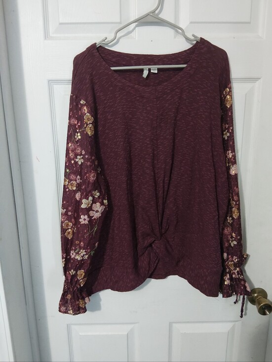 C Est. 1946 Tops - Knot-Front Maroon Floral-Sleeve Long Sleeve Blouse